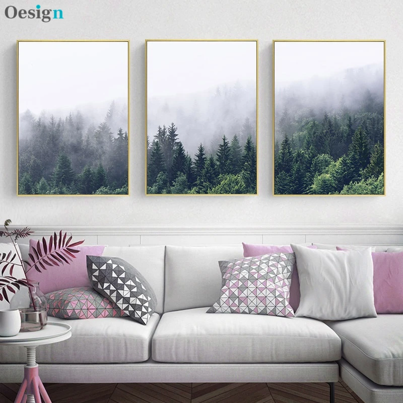 Туманный лес Пейзаж Плакат в скандинавском стиле Холст Wall Art Картина