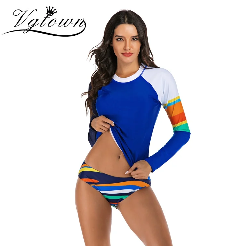 Женский Пляжный купальный костюм для серфинга дайвинга Rashguard Солнцезащитная УФ шторка защита Купальный костюм пэчворк с длинным рукавом из двух частей купальный костюм