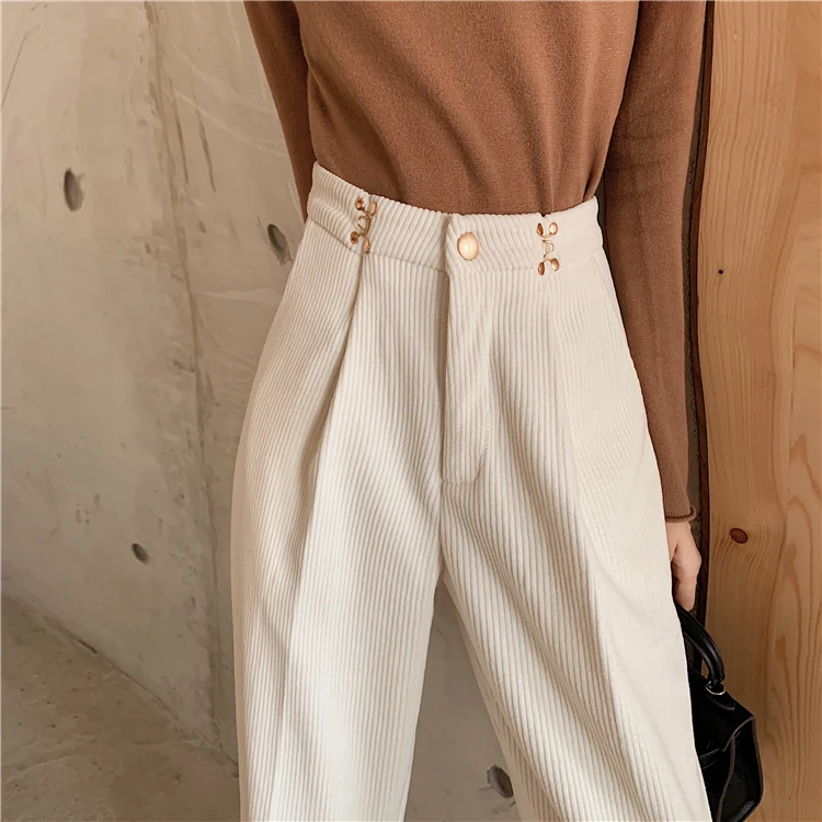 REALEFT осенние зимние белые вельветовые прямые штаны с высокой талией, шикарные свободные штаны в Корейском стиле, повседневные длинные брюки с карманами