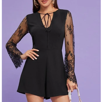 

Rompers Womens Jumpsuit Vintage Black Lace Mesh Long Sleeve Playsuits Fashion Office Lady Shorts Summer Party Clubwear Clothing