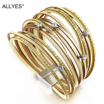 

ALLYES Multilayer Genuine Leather Bracelet Unisex Rhinstone Boho Champagne Wrap Bracelets Fashion Jewelry for Women