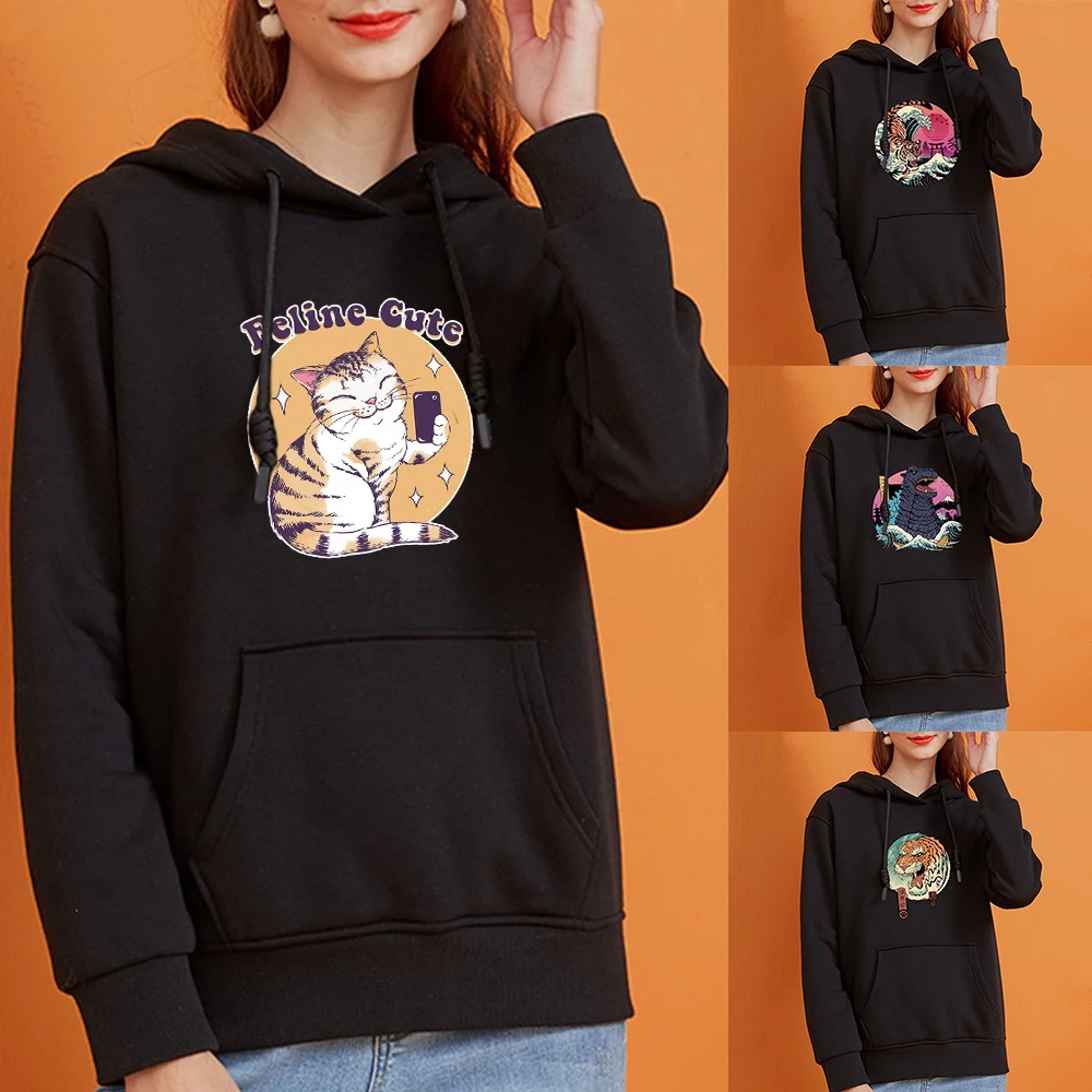 Ladies 2021 Winter Hoodies Cute Greedy Kitten Print Pattern Loose Casual Hooded Sweater Trend Harajuku Womens Hoodie