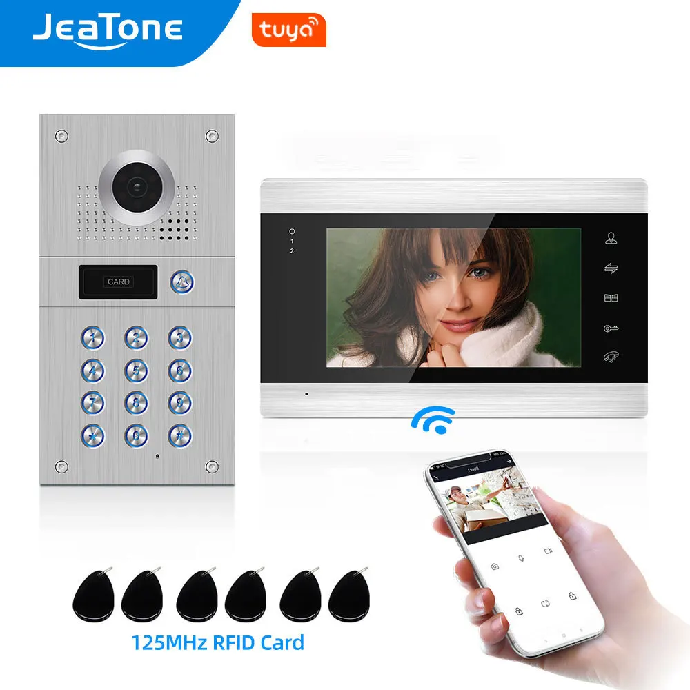 Jeatone 960P Tuya WiFi Wired Video Intercom with Camera and Code Keypad/RFID Cards Access Control System Motion Detection Record