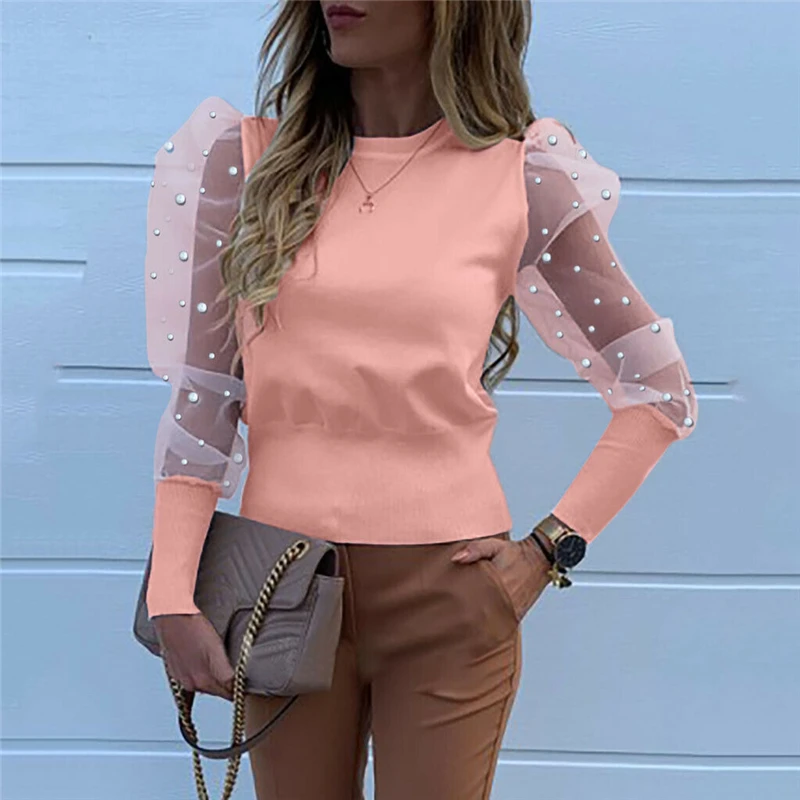 Fashion 2020 Women O Neck Blouses Mesh Tulle Ruffle Shirts Long Puff Sleeve Shirt Solid Color Lady Shirts Autumn Women OL Tops Fashion 2020 Women O Neck Blouses Mesh Tulle Ruffle Shirts Long Puff Sleeve Shirt Solid Color Lady Shirts Autumn Women OL Tops