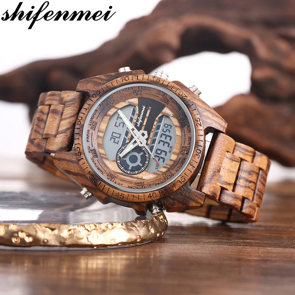 Online Relojes para hombre 2019 reloj de madera Digital militar para hombre reloj de cuarzo de primera marca reloj de pulsera de madera reloj Masculino