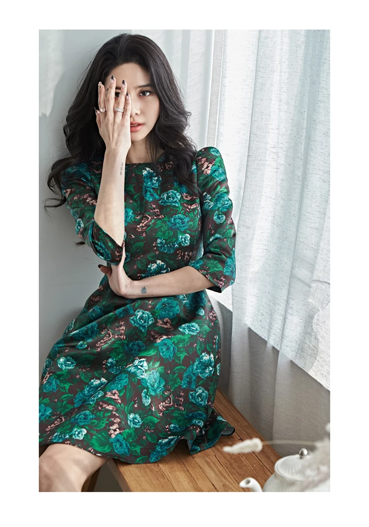 H Han queen, винтажное короткое платье трапециевидной формы с принтом, женское платье с рукавом 3/4, зимняя рабочая одежда, приталенные платья, OL, элегантные цветочные платья