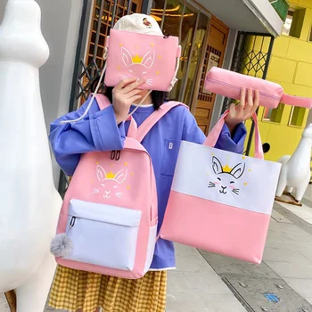 

4Pcs/set Cat Printing Canvas Cute School Bag For Teenagers Girls Student High Quality Women School Backpacks Female Book Bags