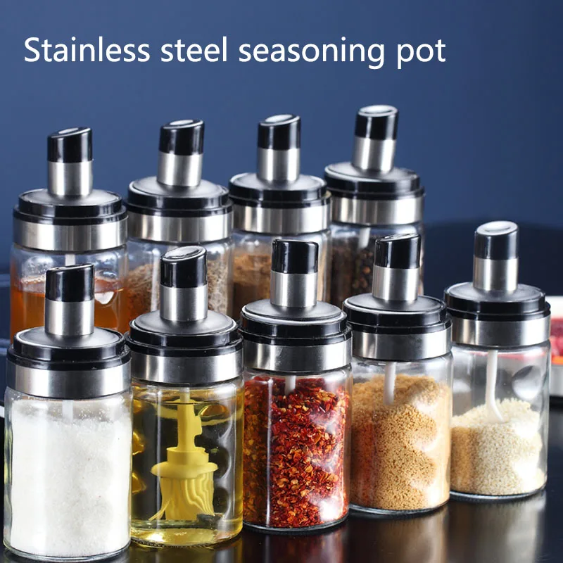 

Home Glass Seasoning Jar Bring Spoon Kitchen Supplies Transparent Oil Can With Cover Moisture-Proof Salt Sugar Pepper Organizer