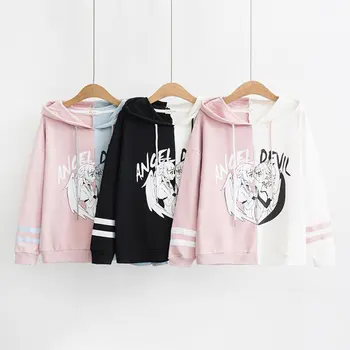 

Harajuku Gothic Kawaii Hoodies Japan Cute Anime Comic Angel Devil Pullover Mori Girl Lovely Graphic Street Black Pink Sweatshirt