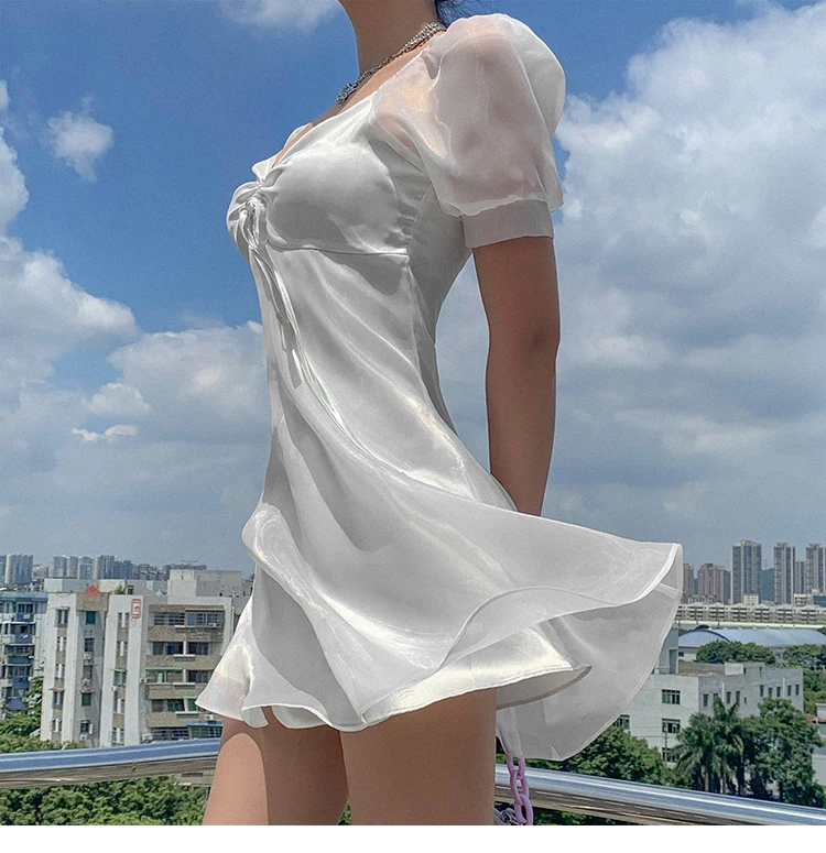 

2021 Cute Sexy French Romantic Gloss Dress Female Elegant White Net Gauze Puffy Sleeve Mini Dress Women Dresses Summer 2021