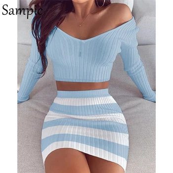 

Sampic Sexy Fashion Summer Off Shoulder Striped Knit Women Bodycon Mini Dress Casual Long Sleeve V Neck Party Club Short Dress