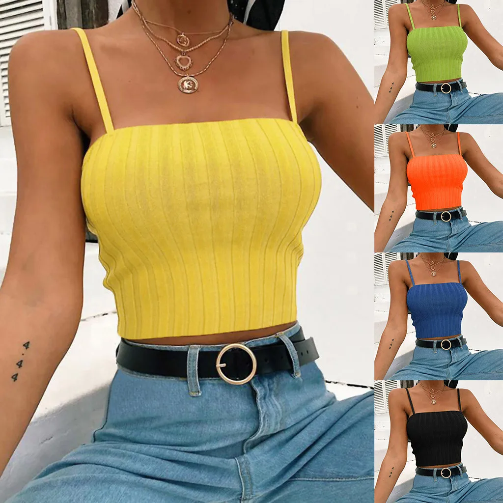 Womens Slim Solid Tank Top Vest Off Shoulder Halter Blouse Topss Camis Stretch Strips Sling cropped feminino | Женская одежда