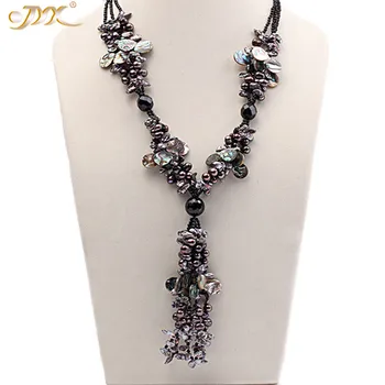 

JYX Classic Rare Abalone Shell necklace with pearls 3 strands long chain 2.5mm black agate necklaces 22" women gift