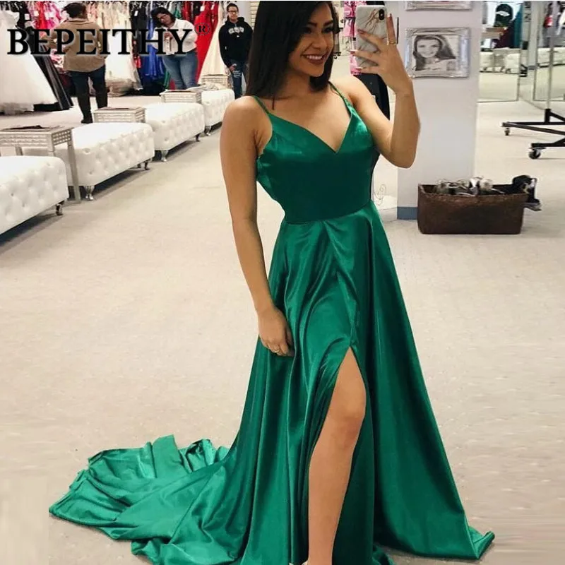 

BEPEITHY New V Neck A Line Long Evening Dress Party Elegant With High Slit Robe De Soiree Sexy Prom Gown 2019