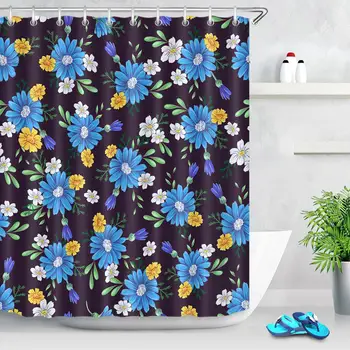 

Blue Yellow White Flower Printed Shower Curtains Bathroom Curtain With Hooks Daisy Flowers Floral Waterproof Bath Screen Fabric