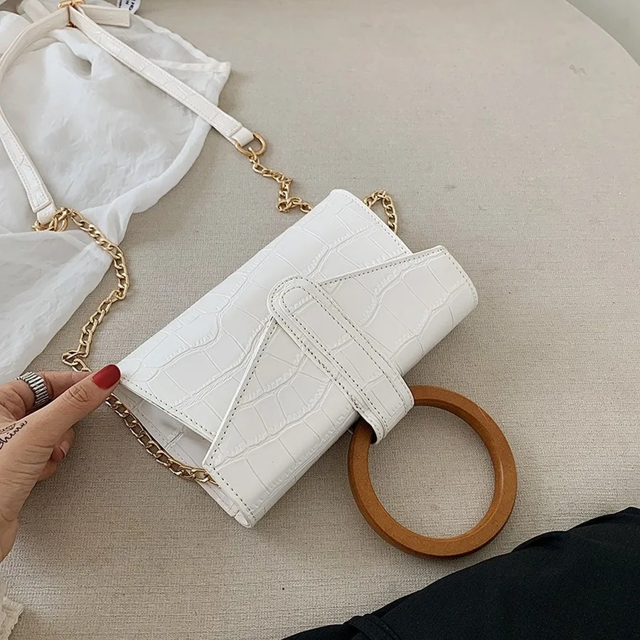 

Fashion Crocodile Pattern Shoulder Bags Women Round Wood Top-Handle Handbags Chains Purse Luxury Alligator Printed Crossbody Bag