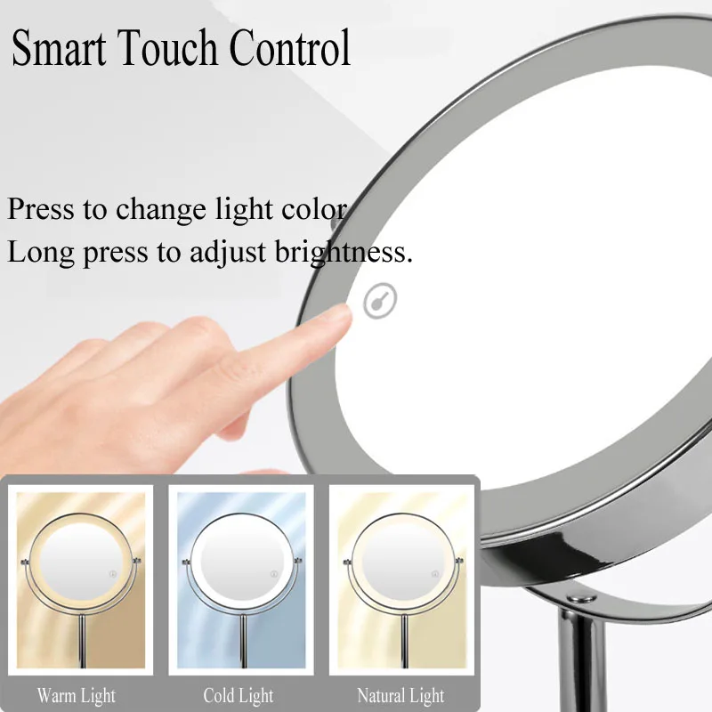 2-Sided Vanity Makeup LED Mirror, 3X/5X Tabletop Cosmetic Mirror USB Rechargeable, 3Color Touch Brightness and Height Adjustable 2
