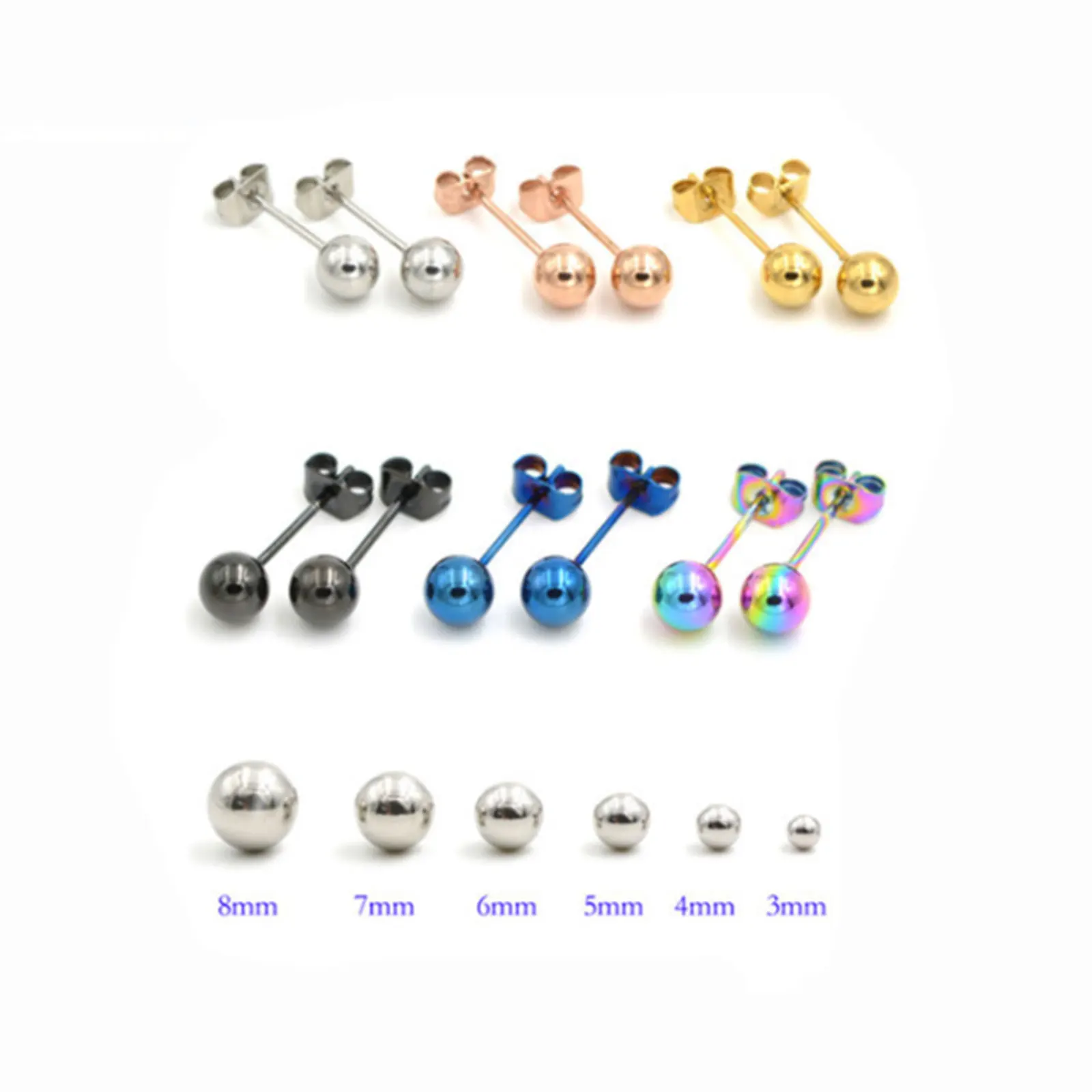 Stainless Steel Stud Earrings For Women Men Jewelry Gold Silver Color Ball 2-8mm Dia 1 Pair