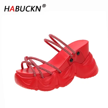 

HABUCKN 2020 Summer Chunky Sandals Women Wedge High Heels Shoes Female Buckle Platform Casual Summer Rhinestones Slippers Sandal