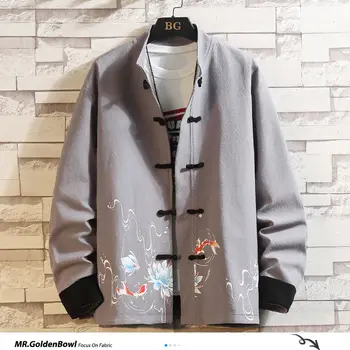 

MrGoldenBowl Autumn Men's Vintage Jackets 2020 Chinese Printed Man Outwear Coats Black Gray Tang Button Men Casual Jacket Coat