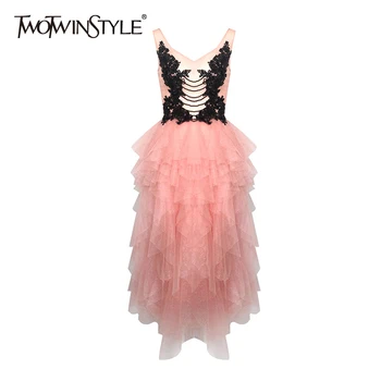 

TWOTWINSTYLE Elegant Patchwork Lace Dresses For Female V Neck Sleeveless High Waist Ruffles Hit Color Midi Summer Dress Women