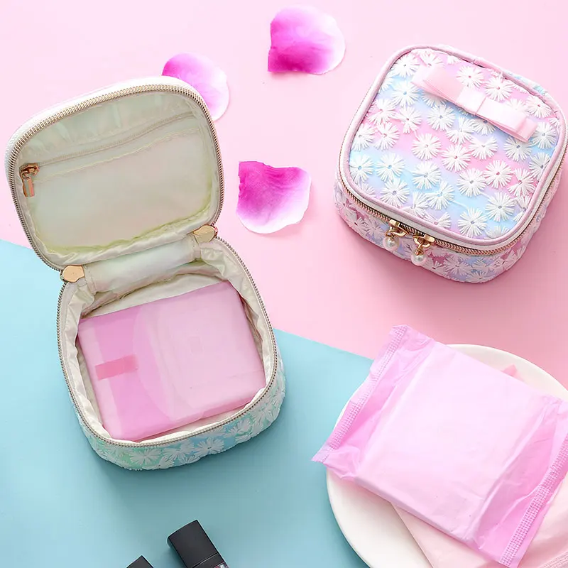

Travel Cosmetic Bag Double Zipper Embroidery Napkin Bag Makeup Storage Bag Sanitary Napkin Organizer With inside mesh pocket