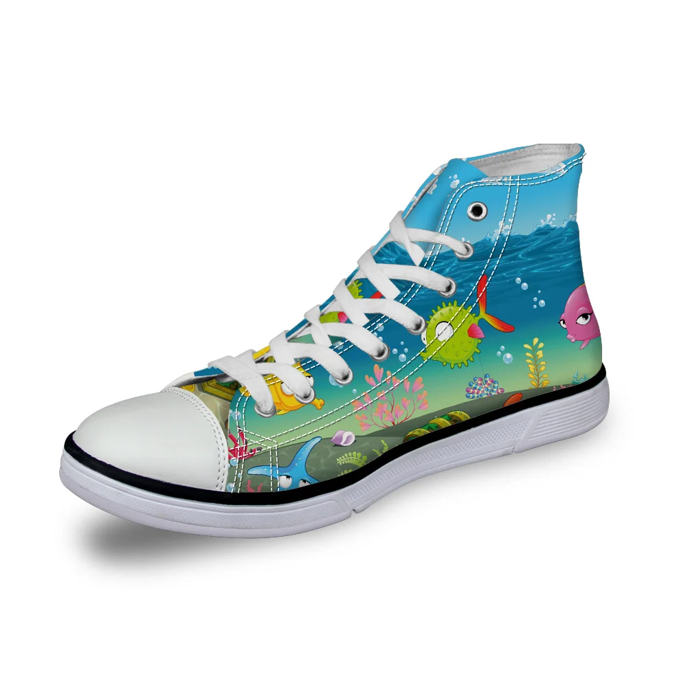 

WHEREISART Women Canvas Shoes Cartoon Underwater World Ocean Crab High Top Flats Vulcanized Shoes Female Casual Shoes Sneakers