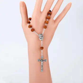 

12pcs Beads wood Color Catholic Rosary Bracelet Pocket Auto Rosary Car Rosary Cross Pendant St. Benedict Charms