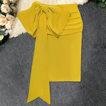 

Ladies Elegant Pleated Pencil Yellow Skirts Bodycon Sheath Tight Midi Jupe 2020 Summer Fashion Saias Skirts Plus Size S XXL