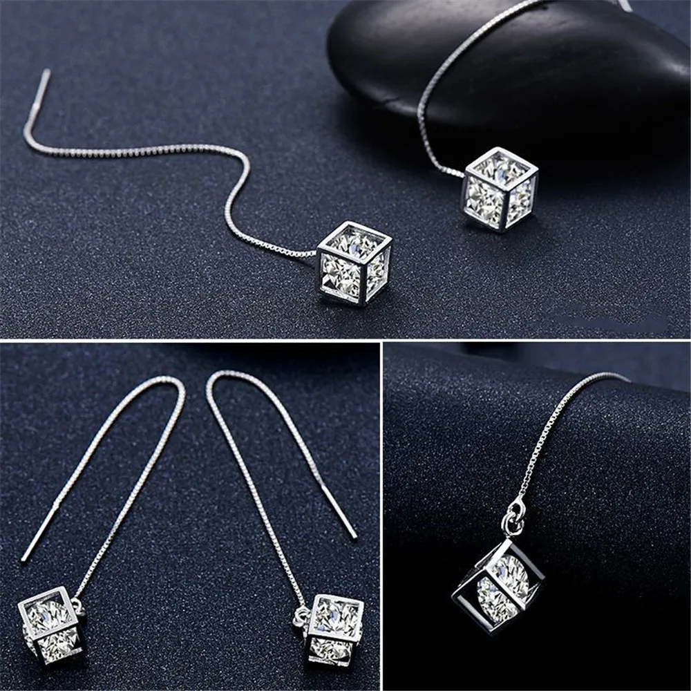 SHDEDE Long Chain Earing Jewellery Women 925 Silver Fashion Drop Earrings Embellished With Crystals From Swarovski Square -WH40
