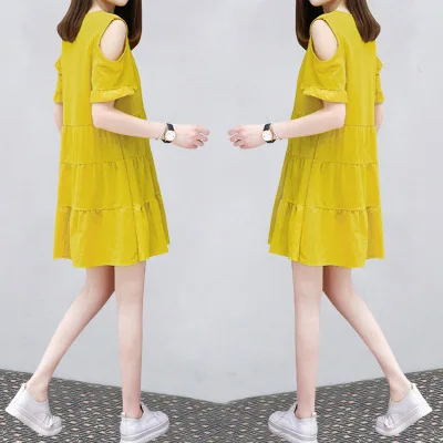 

2018 Summer Korean-style New Style Fat Mm Loose And Plus-sized Dress Slim Fit Slimming Mid-length off-Shoulder A- line Skirt Sub