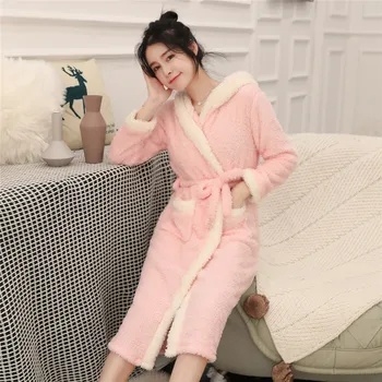 

Ladies' Pink Sexy Loose Lounge Bathrobe Sleepwear Hooded Warm Kimono Robe Gown Winter Flannel Intimate Lingerie V-neck Negligee