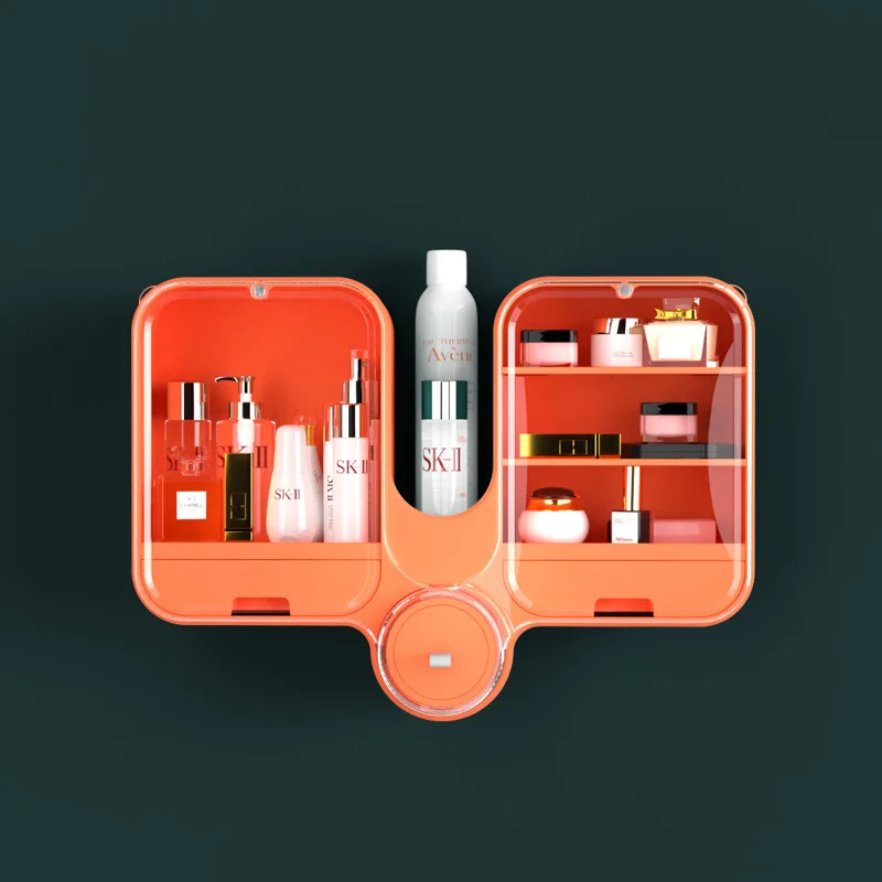 Wall Mounted Cosmetic Storage Box Punch Free Waterproof Makeup Organizer Large Capacity Bathroom Beauty Storage Shelf ( Small )