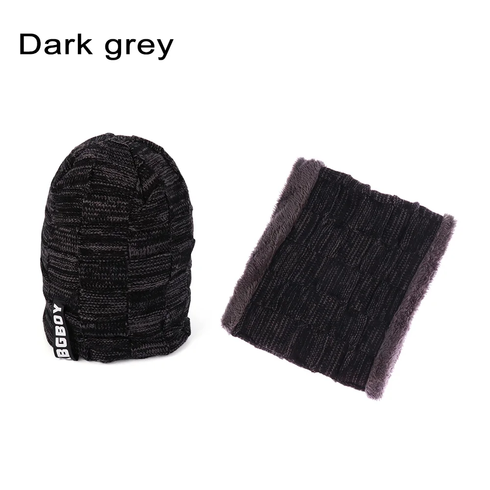 dark grey Зимние мужские наборы шарф Шапка Вязаная Шерсть толстая подкладка шапочки, Балаклава шапка с теплый шарф теплая Skullies Шапка Лыжная шапка - Цвет: dark grey