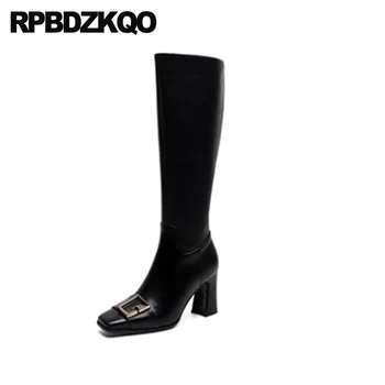 

tall vintage chunky long knee high heel embellished square toe metal side zip boots black women shoes genuine leather winter