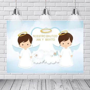 

Photography Backdrops Light Blue Sky Twins Angel Mi Bautizo Baptism Communion DIY Custom Photo Studio Backdrops Backgrounds