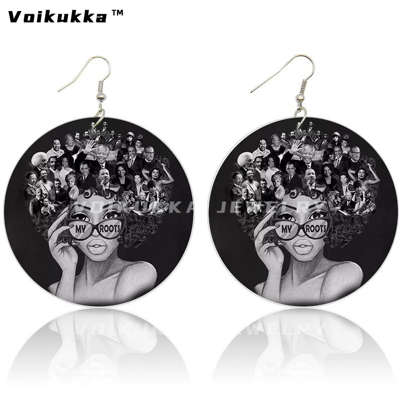 Voikukka Jewelry 6 CM Round Africa Drawing Black Women Painting Queen Wooden Both Sides Printing Drop Earrings For Gifts 5