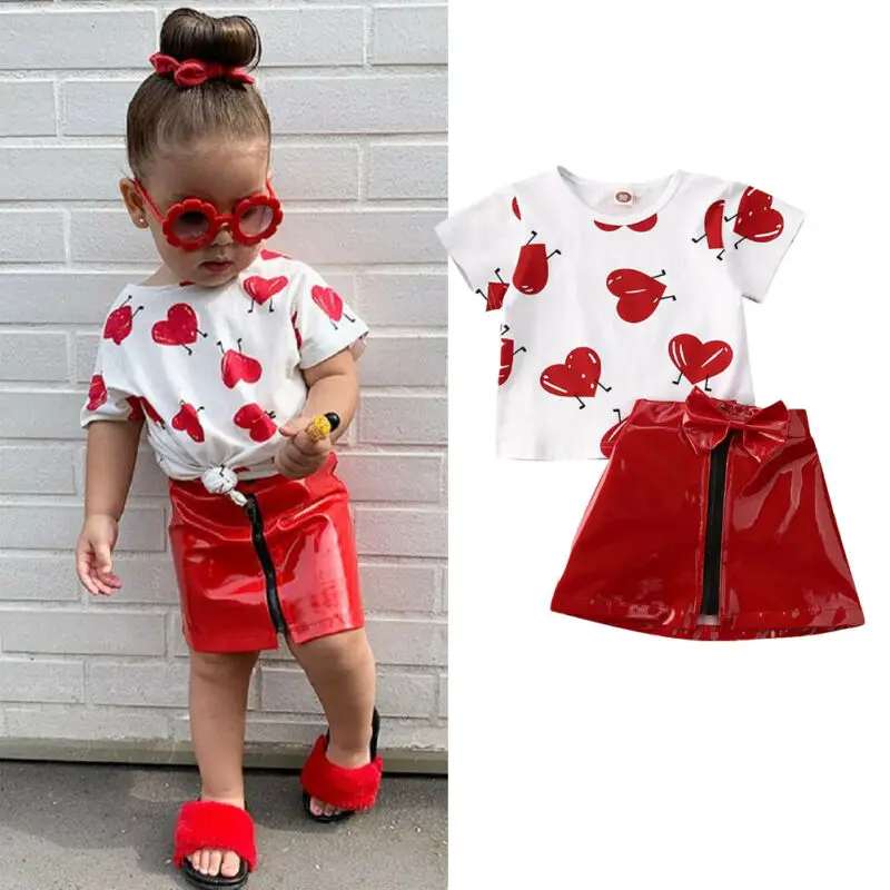 2Pcs Baby Girls Shirt Leather Skirt Sets Sunpark Toddler Kids Valentines Day Heart Print Tops Bow Dress Outfits for 6M-5T