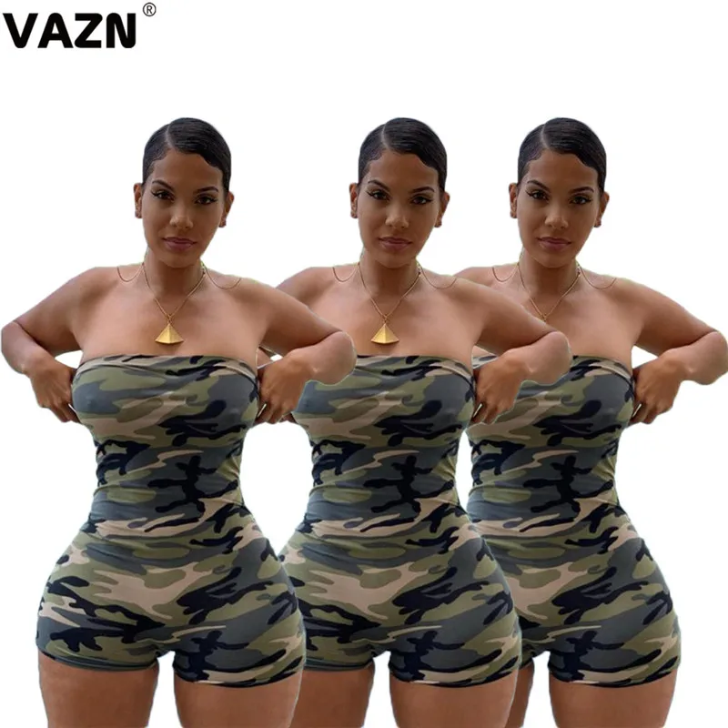 VAZN MOM5009 Камуфляжный дизайн Новые Сексуальные женские короткие брюки Комбинезоны женские Сексуальные Глубокий круглый вырез без бретелек мини-костюмы пляжного типа