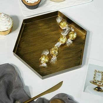 

NHBR-Nordic Geometric Gold Trays Metal Iron Food Fruit Plate Desktop Makeup Organizer Jewelry Dish Home Party Decoration Tray L