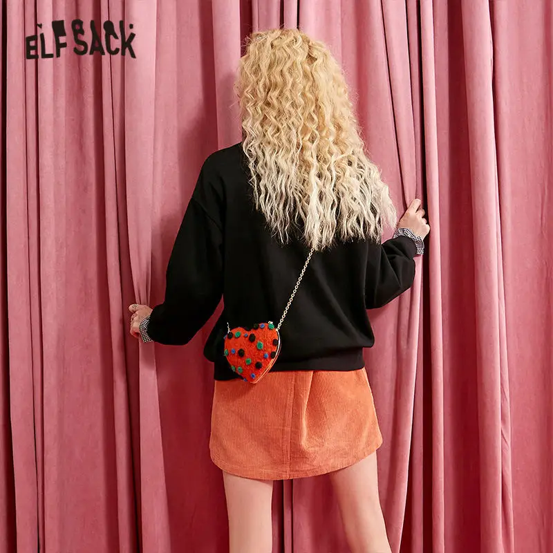 ELFSACK черные однотонные с рисунками героев мультфильма свободные Для женщин кофты зимние оборкой в стиле пэчворк с длинными рукавами Повседневное женские офисные базовые Топы
