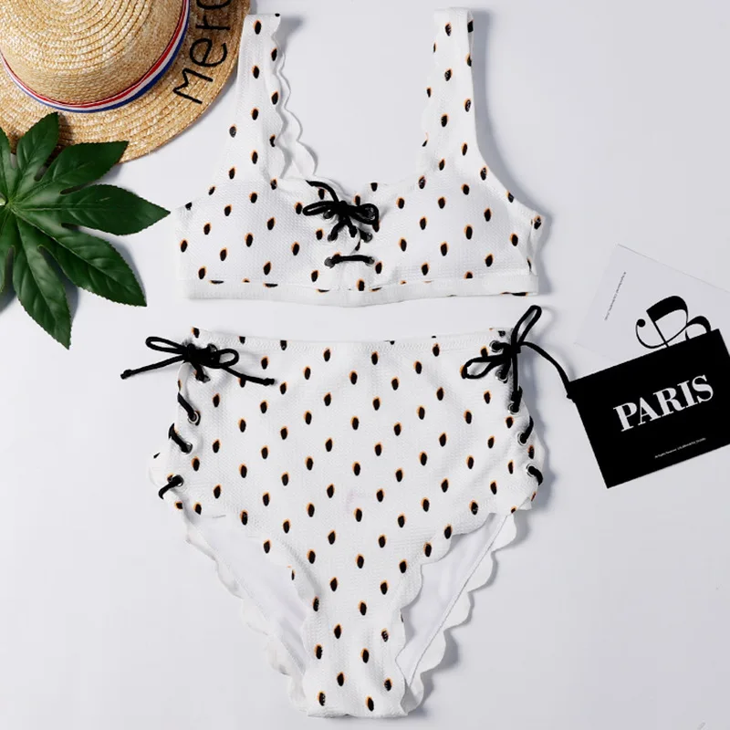 

Women Scalloped Textured High Waisted Bikini Set Dot Two Pieces Beach Bathing Suits Swimwear Lace Up Biquinis Bathing Suits