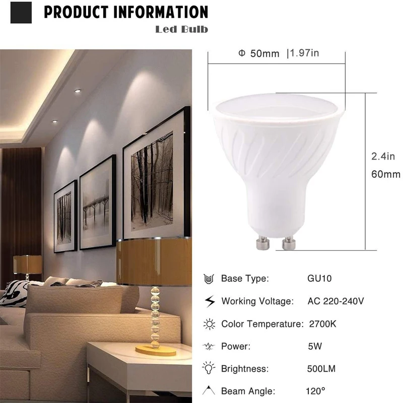 Dimmable GU10 LED Bulbs Equivalent MR16 Spotlight 50W Halogen Equivalent Beam Angle 500LM Lampara Warm White 3W 4W 5W Recessed Dimmable GU10 LED Bulbs Equivalent MR16 Spotlight 50W Halogen Equivalent Beam Angle 500LM Lampara Warm White 3W 4W 5W Recessed