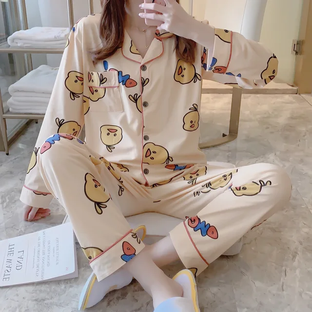 CAIYIER Autumn Winter New Sleepwear Set Women Turn-down Collar Pajamas Cute Cartoon Pattern Button Top+Pants Leisure Home Wear 908-3