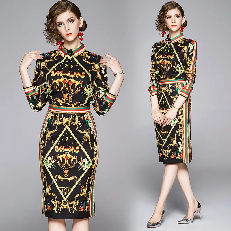 

Large Austrian Trend WOMEN'S Dress Europe And America Versitile Fashion Positioning Printed Shirt Collar Shirt + Sheath Skirt
