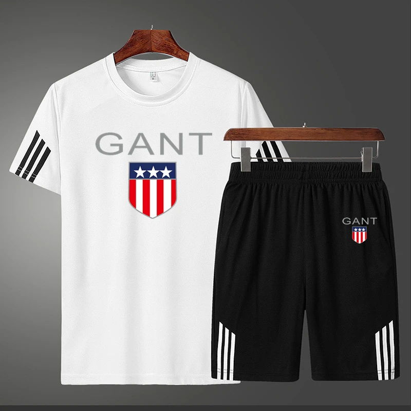 

Fashion casual football track and field sportswear summer men's quick-drying suit striped T-shirt + shorts sports pants size M-5
