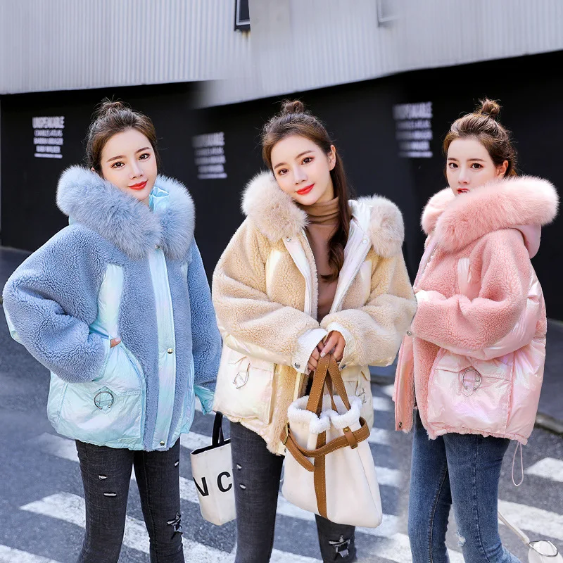 

2019 Winter New Style Loose-Fit Short Lambs Wool Pink Hooded Students Coat WOMEN'S Dress Short-height Thick Cotton-padded Clothe
