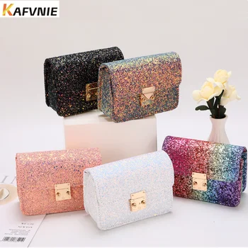 

KAFVNIE Rainbow Children HandBag Shiny Bag For Girl High End PU Mobile Phone Handbag Kid Evening Party Purse Bags 2019