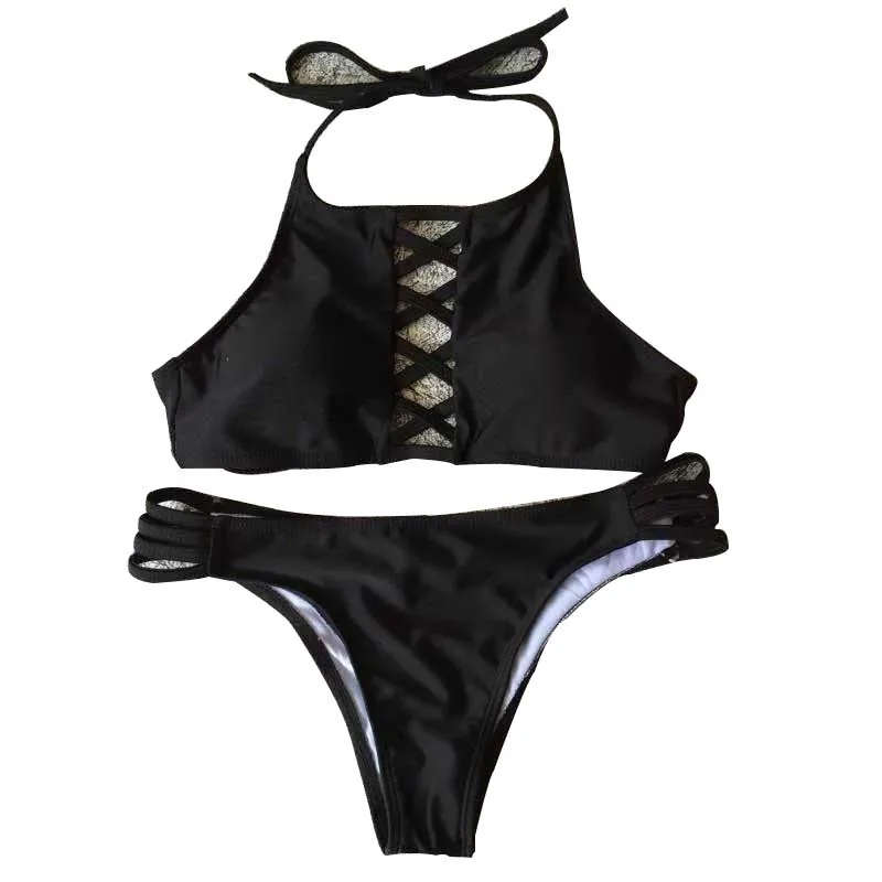 2019 New Cute Bathing Suit Swimwear Women Bandage Bikini Solid Swimsuit Sexy Halter Bikinis Set Brazilian |