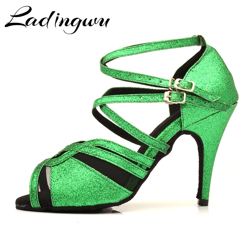Ladingwu Latin Dance Shoes Women Profession Salsa Dance Shoes Ladys Ballroom Soft Bottom Green Flash Cloth